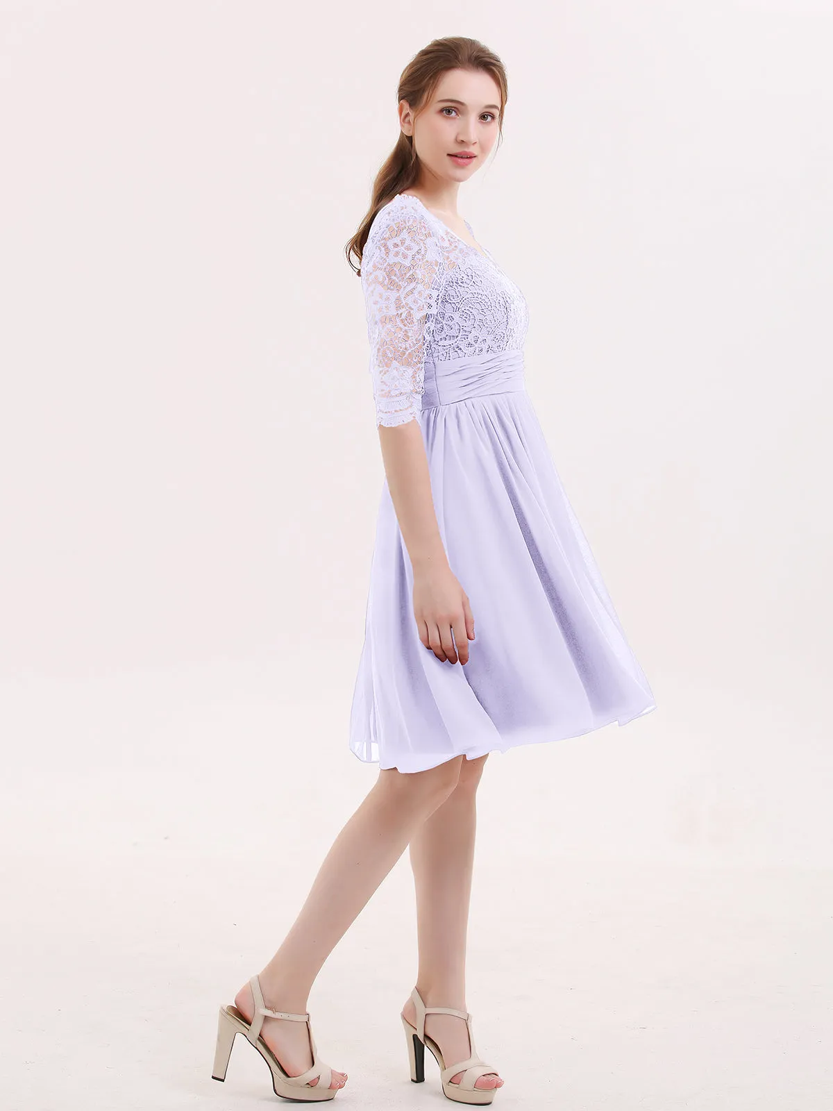 Lace and Chiffon Short Dress with Half Sleeves Lilac