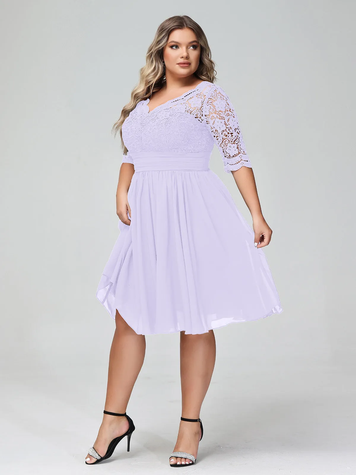 Lace and Chiffon Short Dress with Half Sleeves Lilac