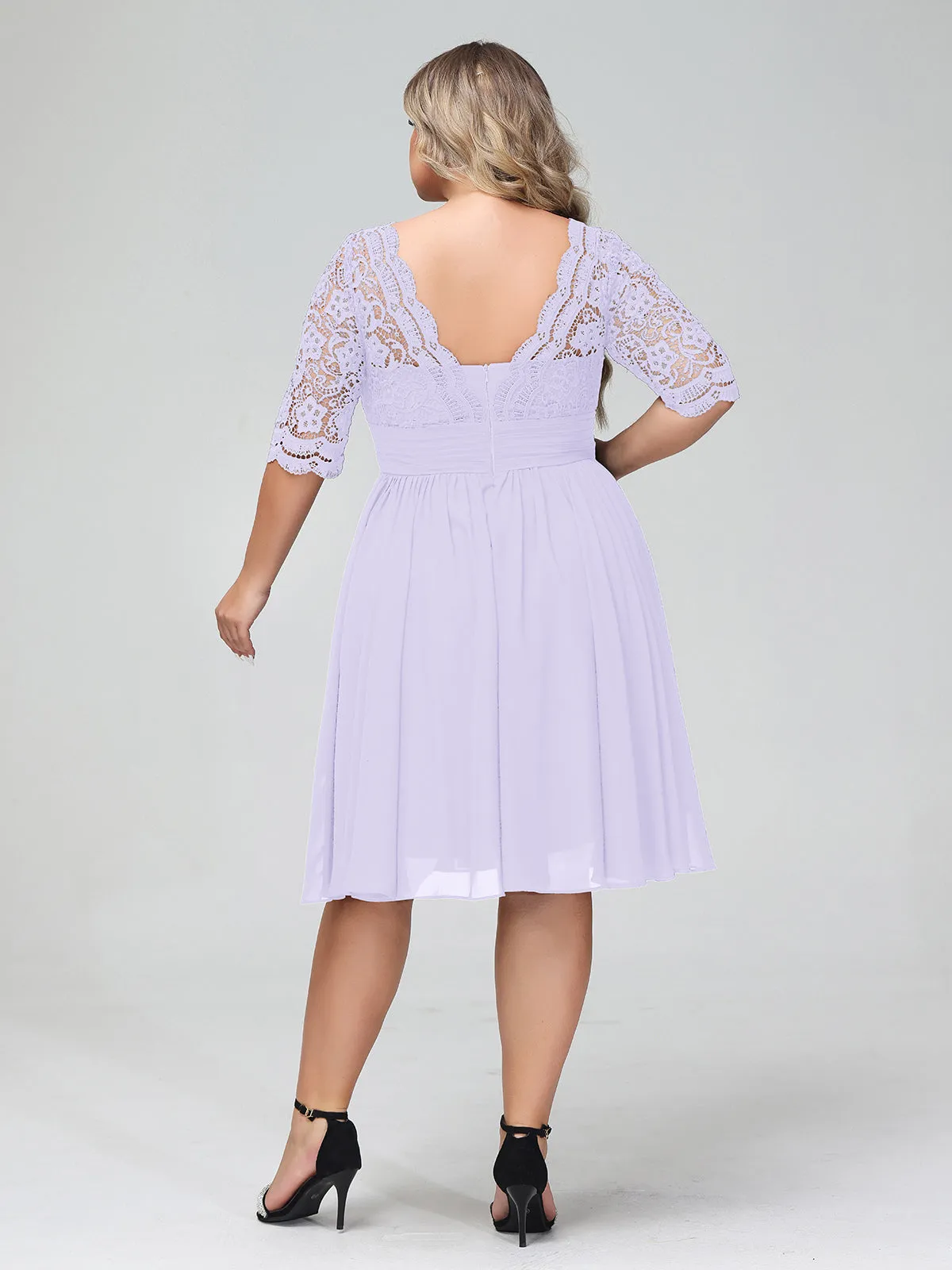 Lace and Chiffon Short Dress with Half Sleeves Lilac