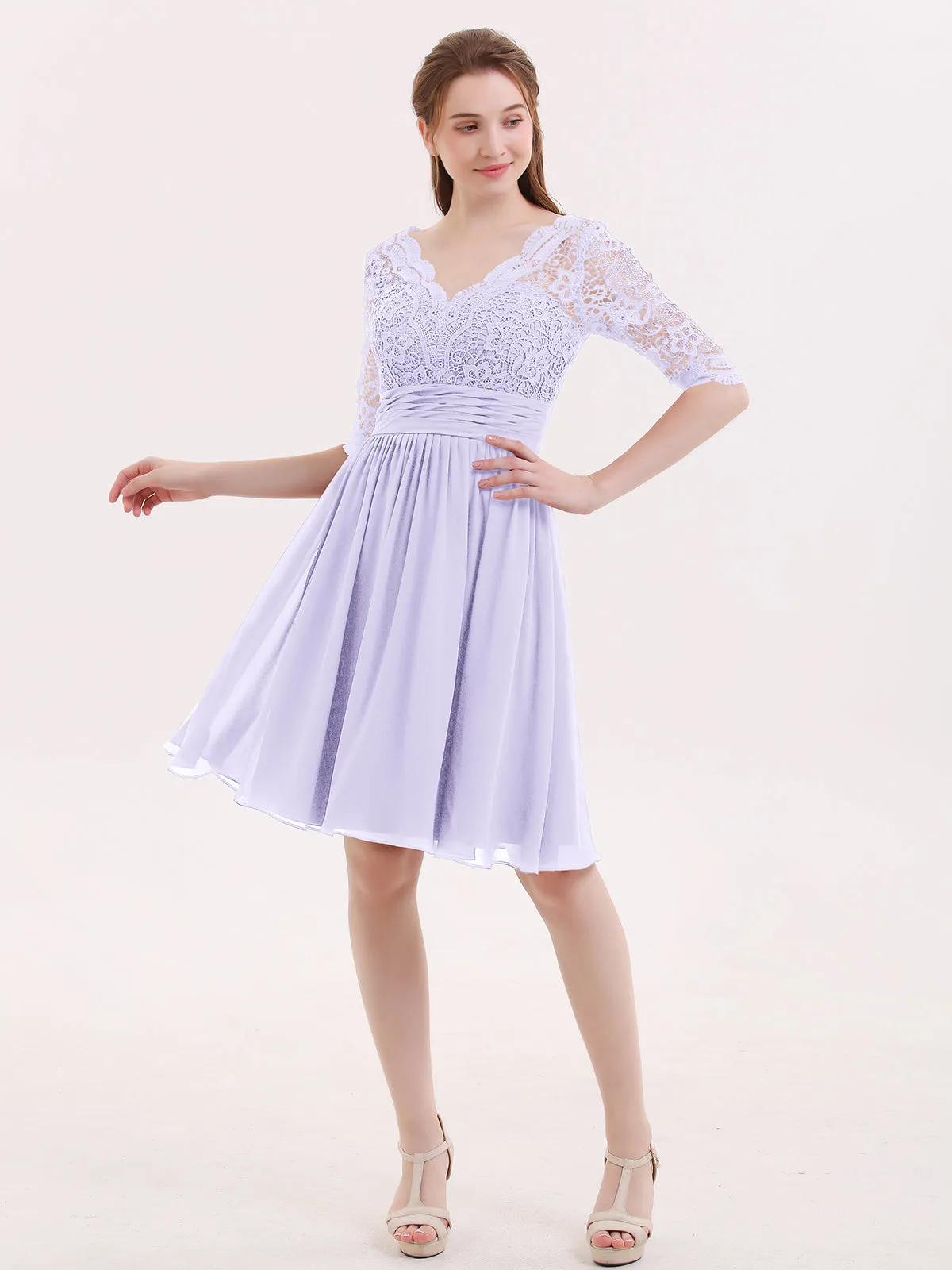 Lace and Chiffon Short Dress with Half Sleeves Lilac