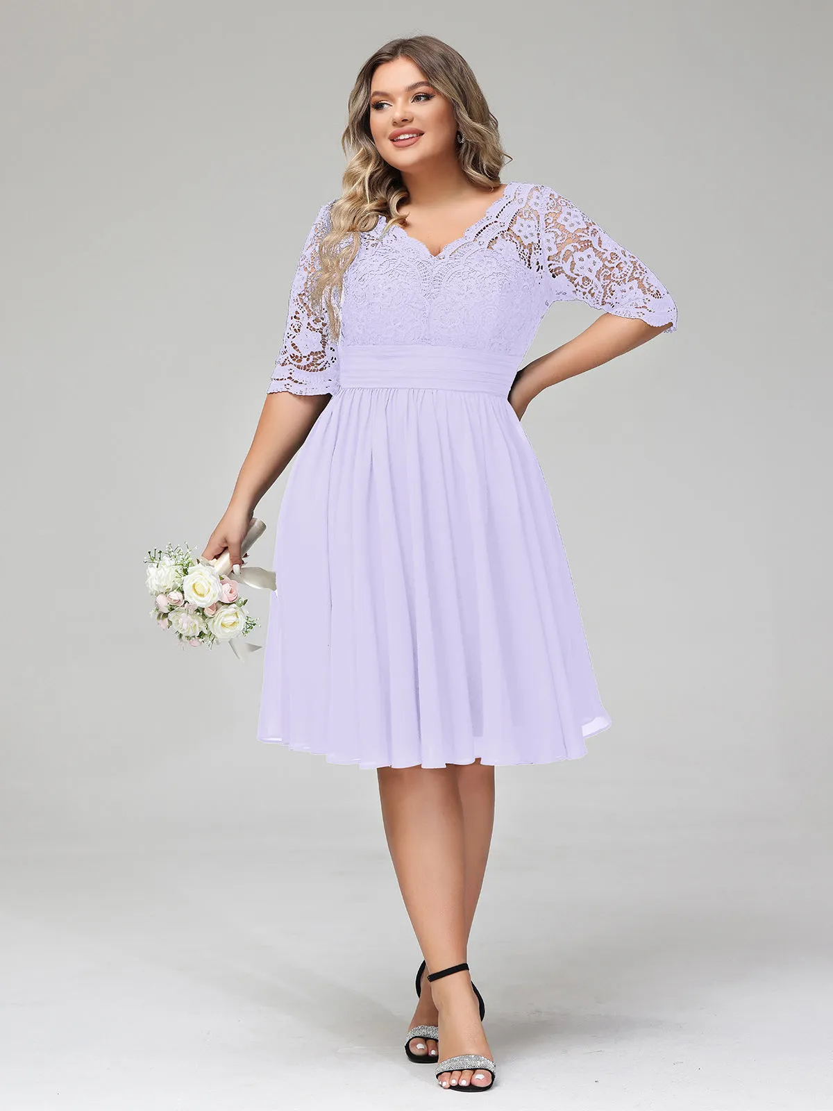 Lace and Chiffon Short Dress with Half Sleeves Lilac