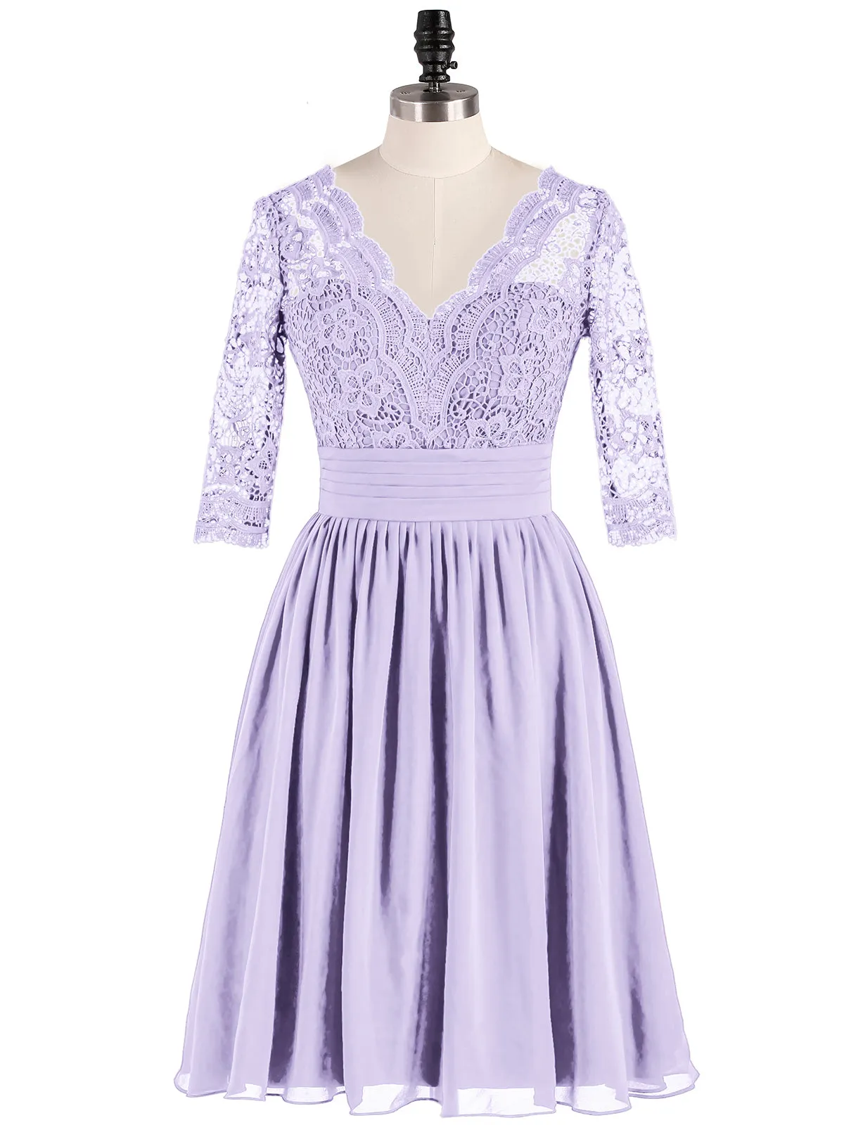 Lace and Chiffon Short Dress with Half Sleeves Lilac
