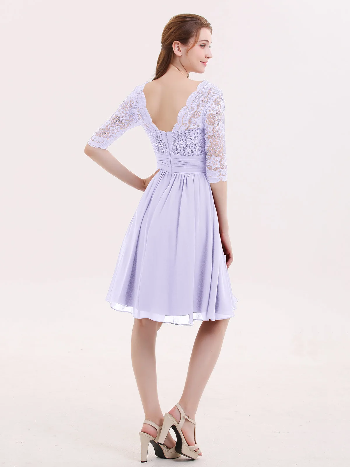 Lace and Chiffon Short Dress with Half Sleeves Lilac