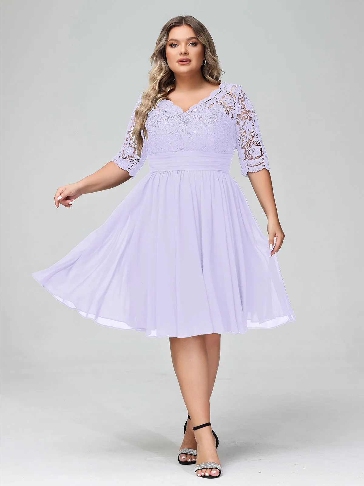 Lace and Chiffon Short Dress with Half Sleeves Lilac