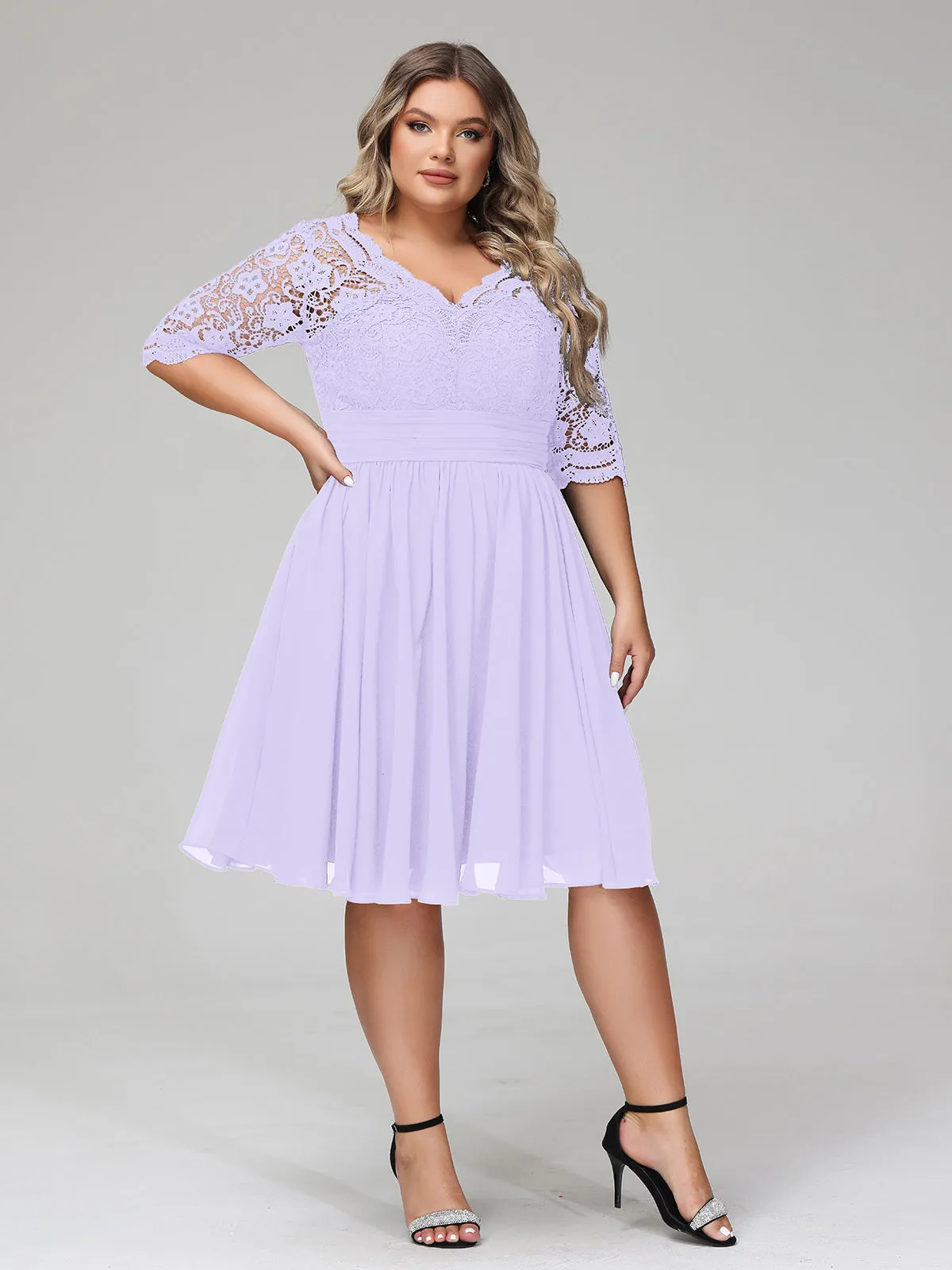 Lace and Chiffon Short Dress with Half Sleeves Lilac