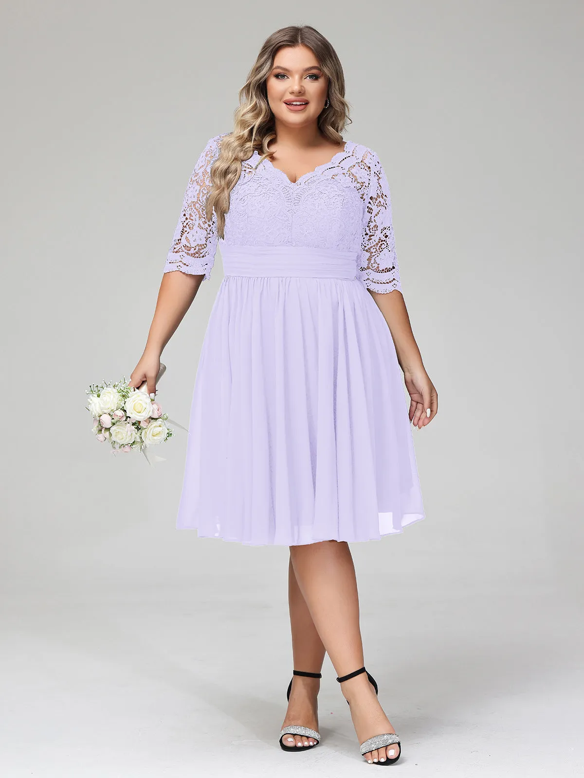 Lace and Chiffon Short Dress with Half Sleeves Lilac