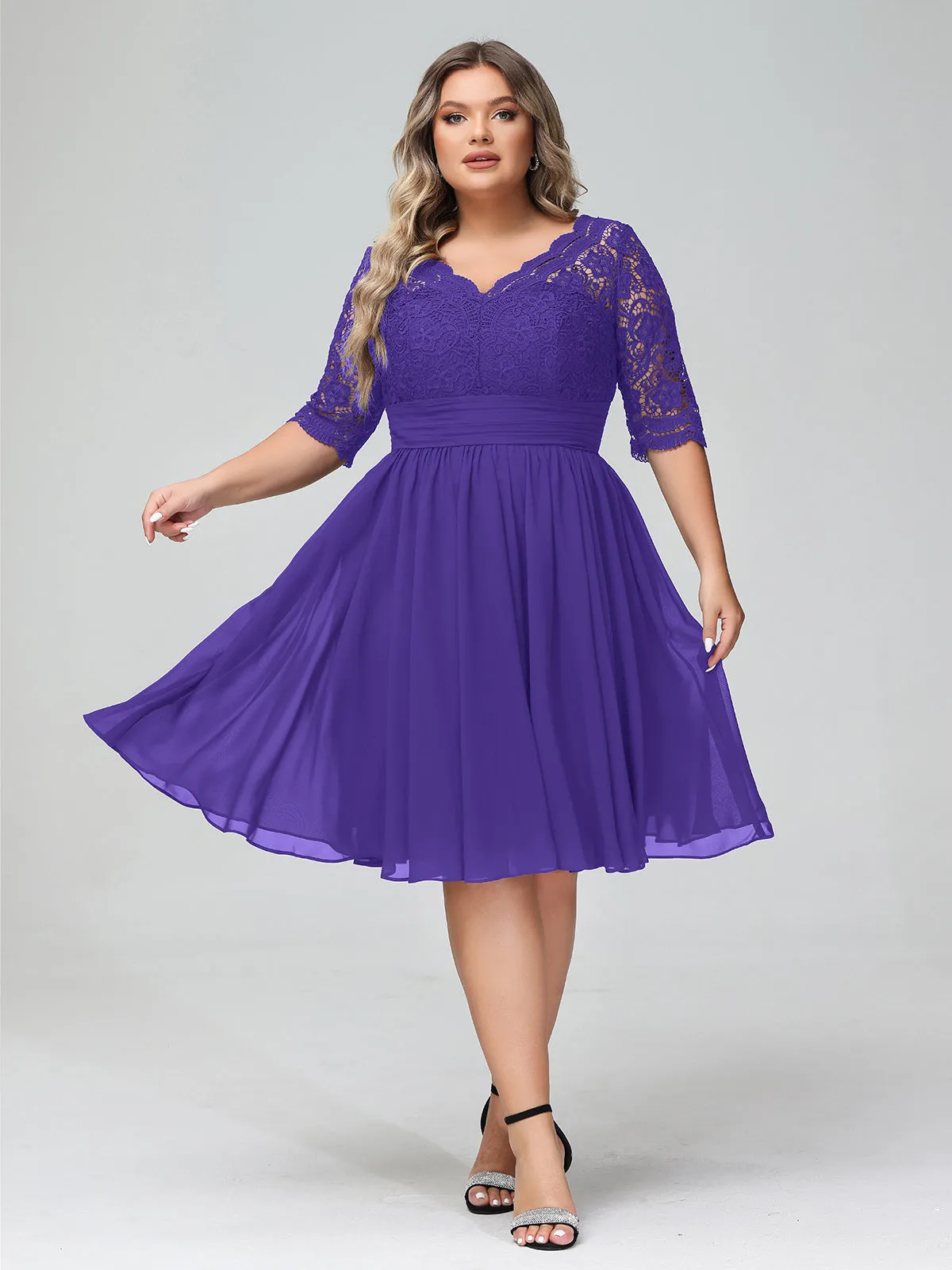 Lace and Chiffon Short Dress with Half Sleeves Regency