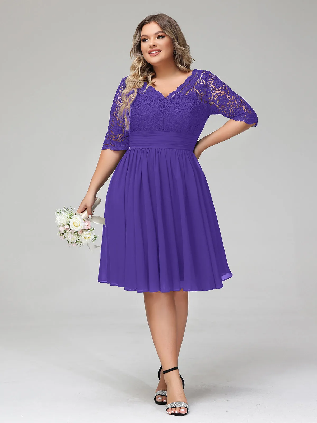 Lace and Chiffon Short Dress with Half Sleeves Regency