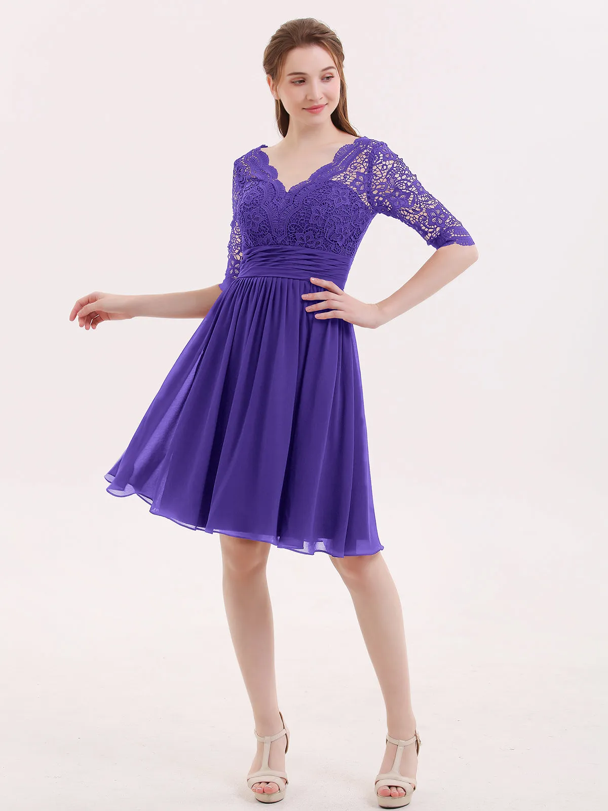 Lace and Chiffon Short Dress with Half Sleeves Regency