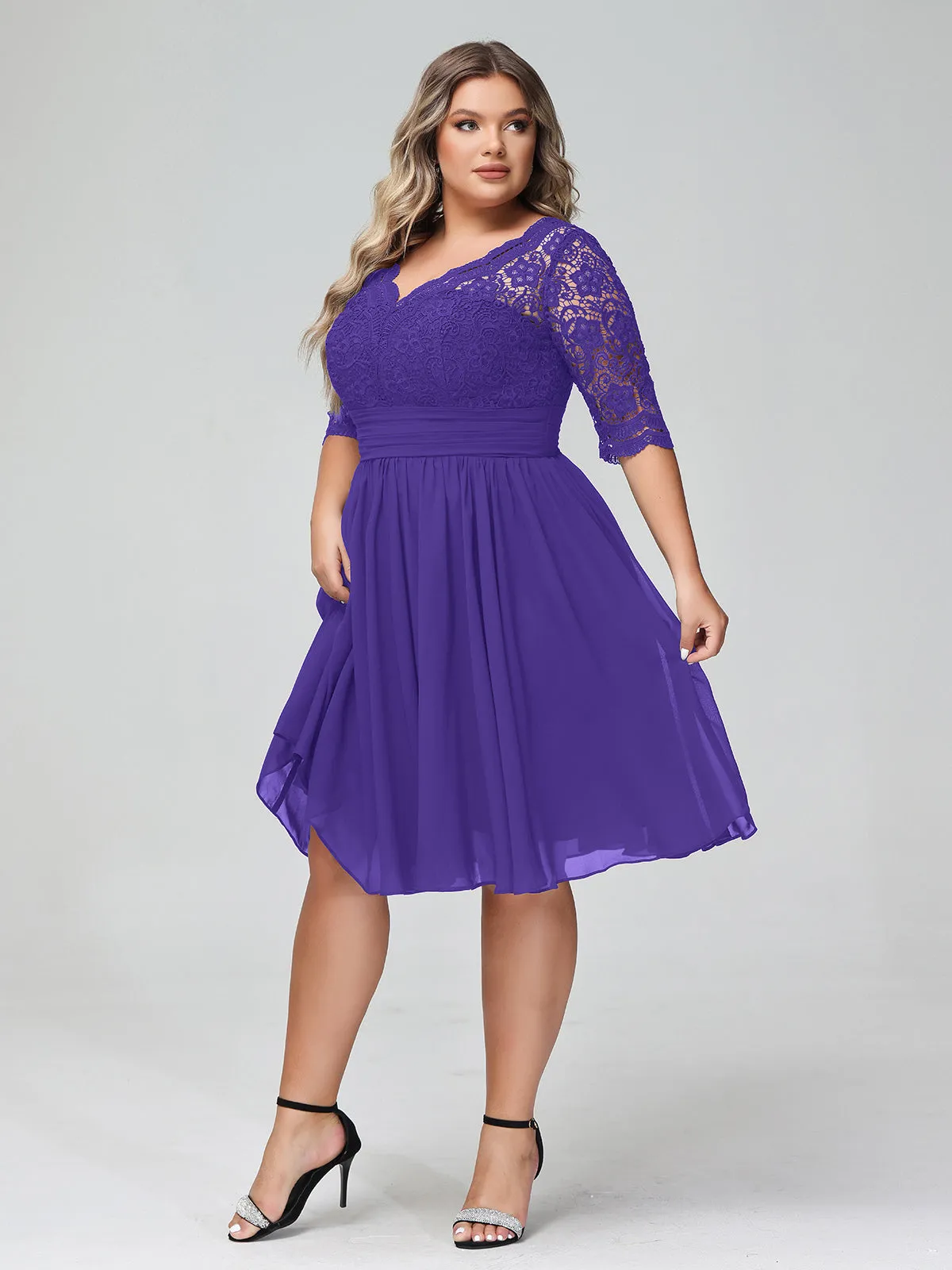 Lace and Chiffon Short Dress with Half Sleeves Regency