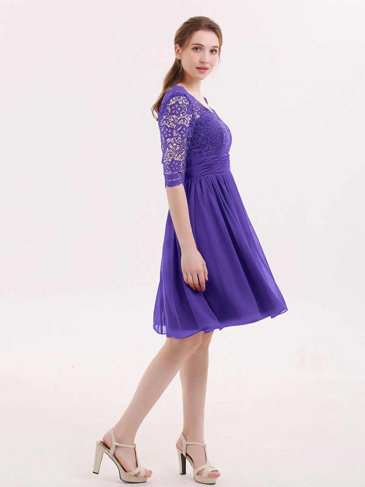 Lace and Chiffon Short Dress with Half Sleeves Regency