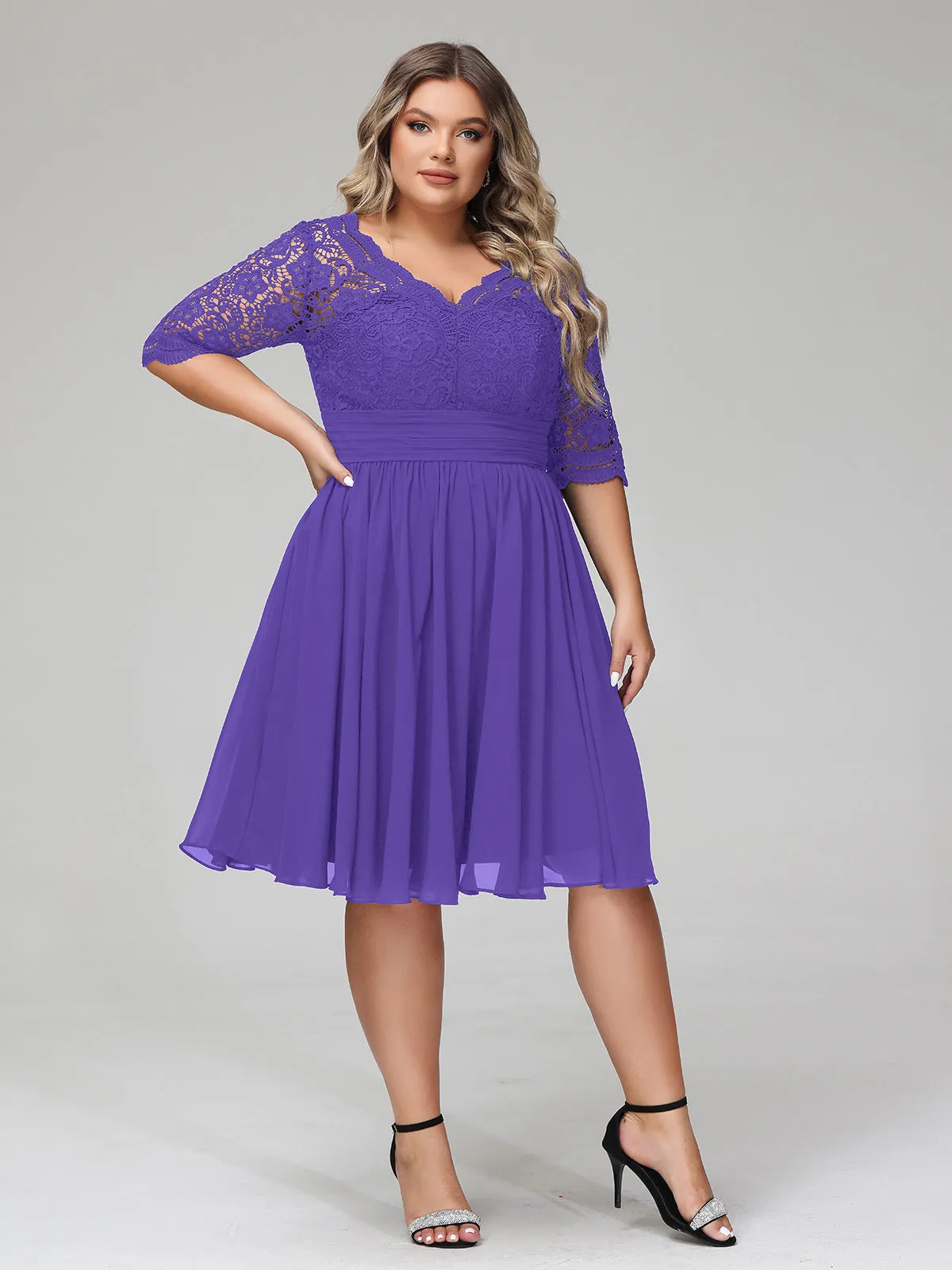 Lace and Chiffon Short Dress with Half Sleeves Regency
