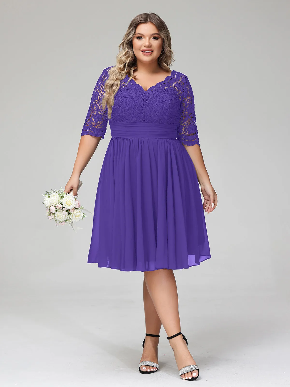Lace and Chiffon Short Dress with Half Sleeves Regency