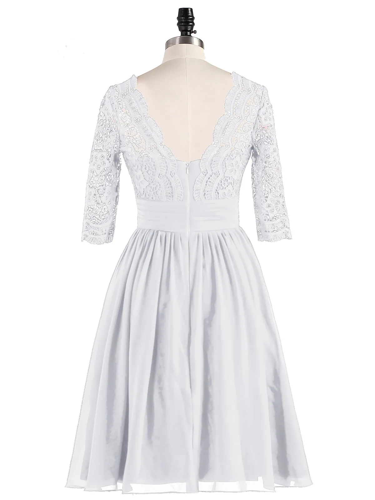 Lace and Chiffon Short Dress with Half Sleeves White