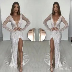 Long Sleeves Sequin Mermaid Side Slip Modest Fashion Long Prom Dresses,PD1392