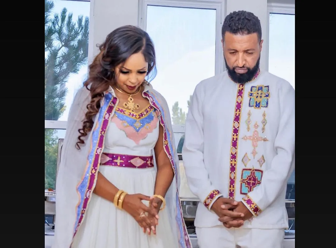 Magical Multicolored Ethiopian Wedding Attire: Intricately Handmade Matching Habesha Couples Outfit