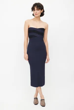 Navy Blue Knit Strapless Midi Dress