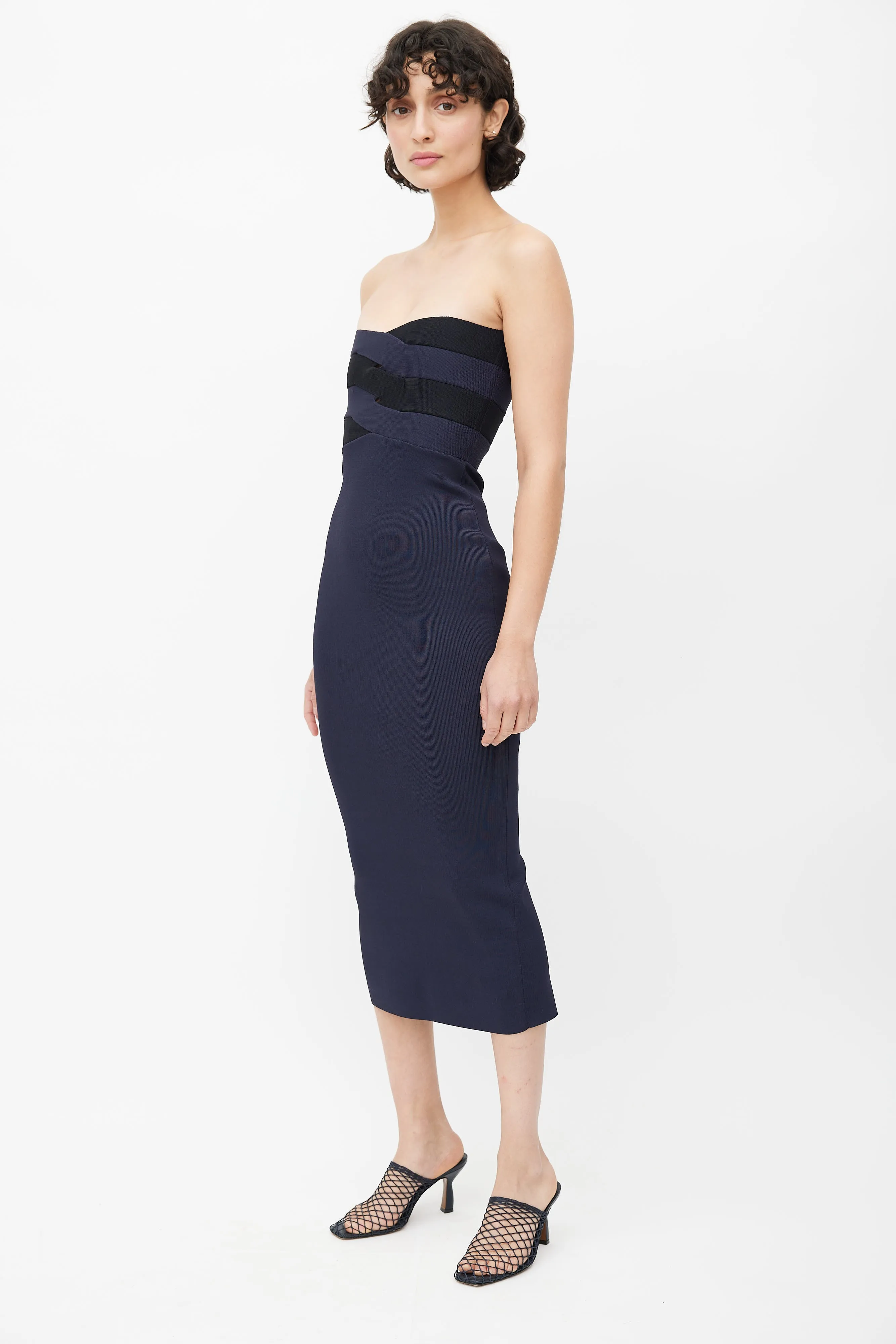 Navy Blue Knit Strapless Midi Dress