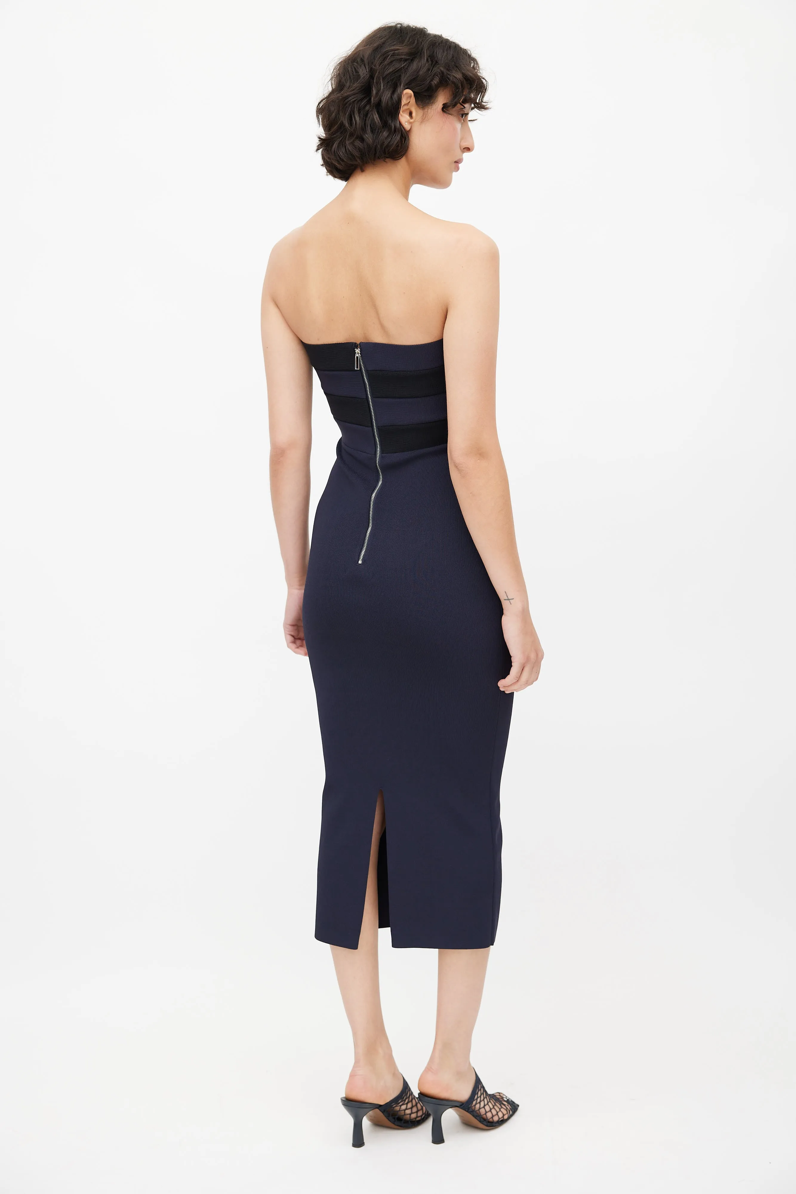 Navy Blue Knit Strapless Midi Dress