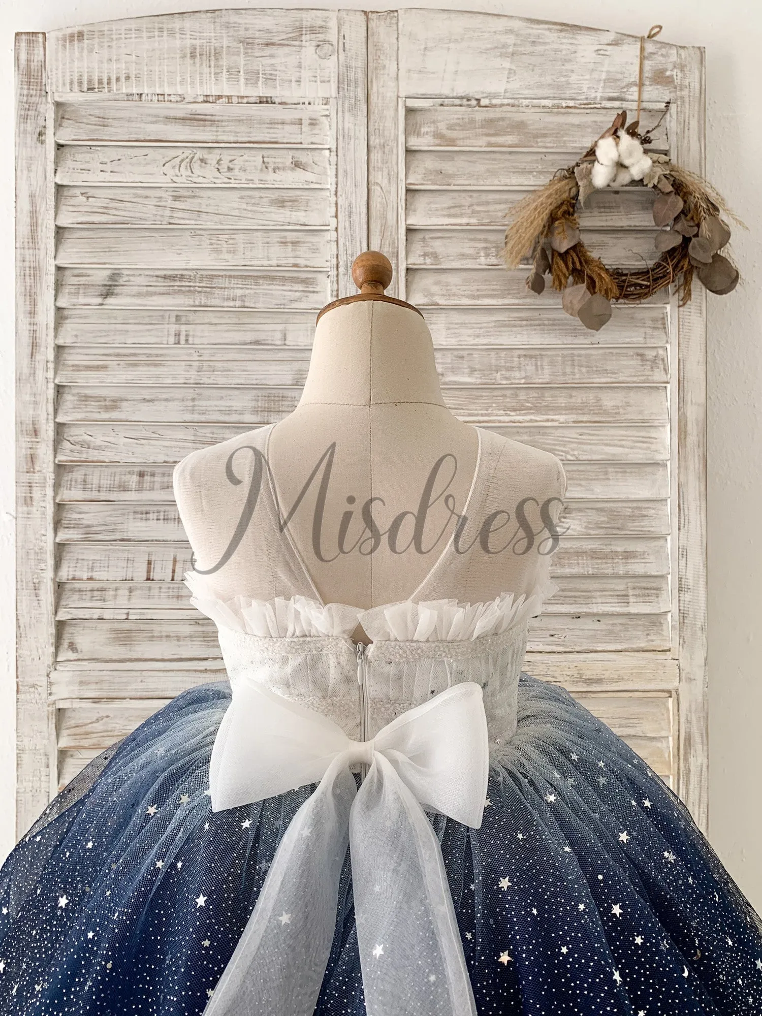 Ombre Pink / Navy Stars Tulle Wedding Flower Girl Dress Kids Party Dress