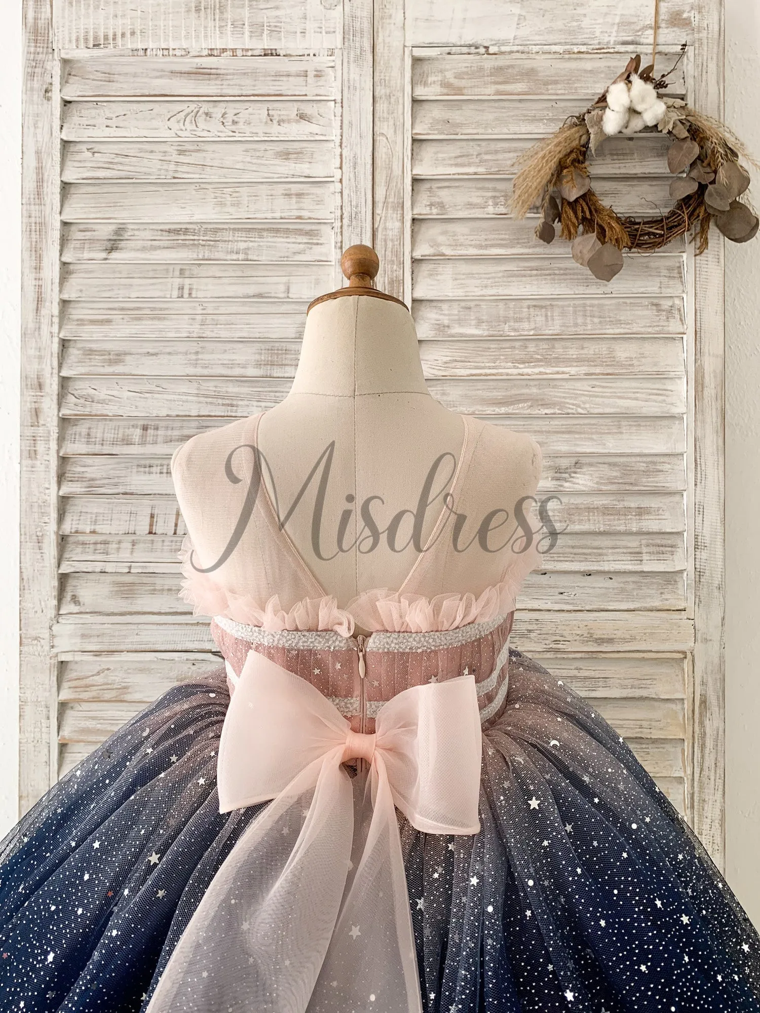 Ombre Pink / Navy Stars Tulle Wedding Flower Girl Dress Kids Party Dress