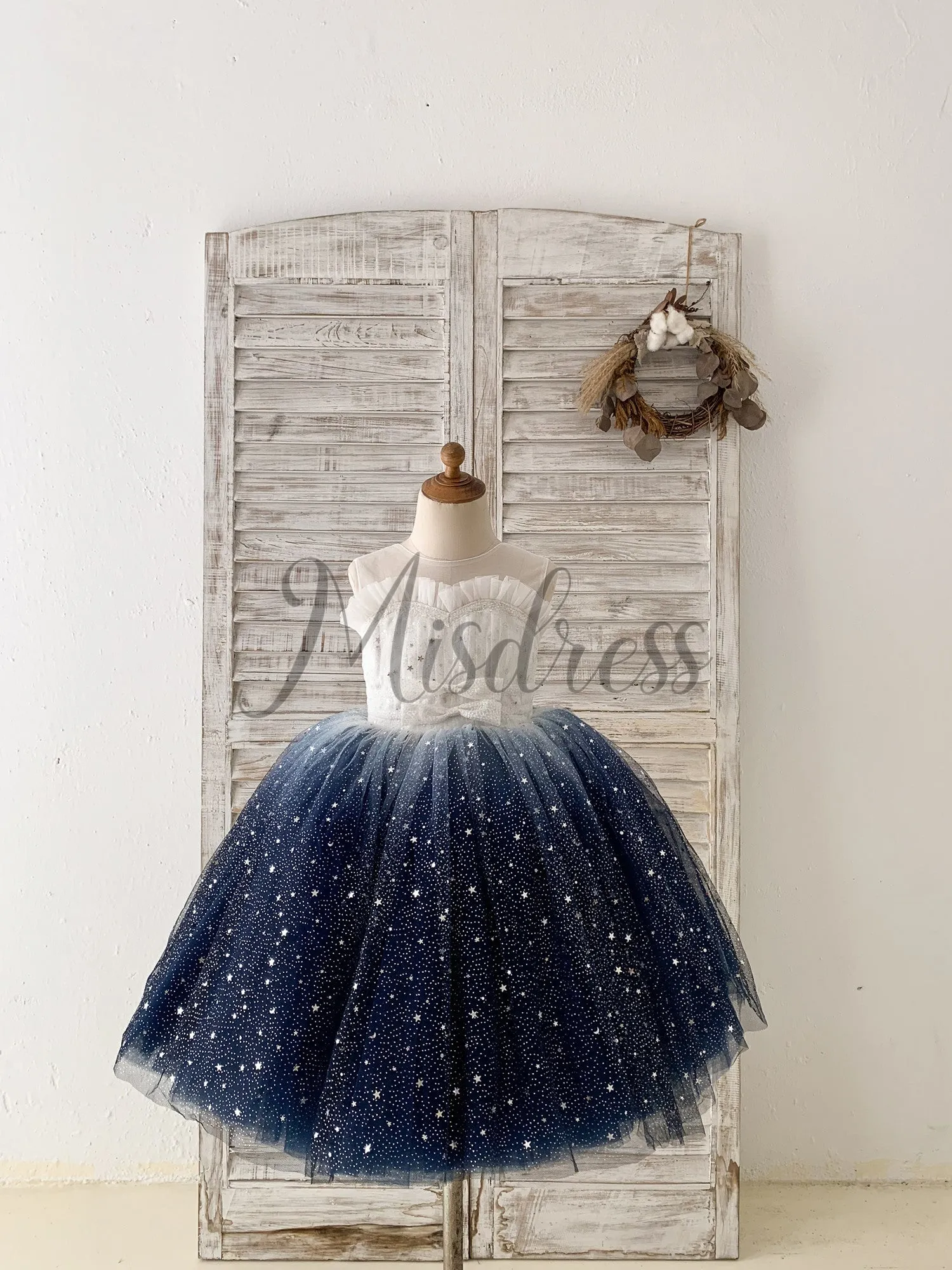 Ombre Pink / Navy Stars Tulle Wedding Flower Girl Dress Kids Party Dress