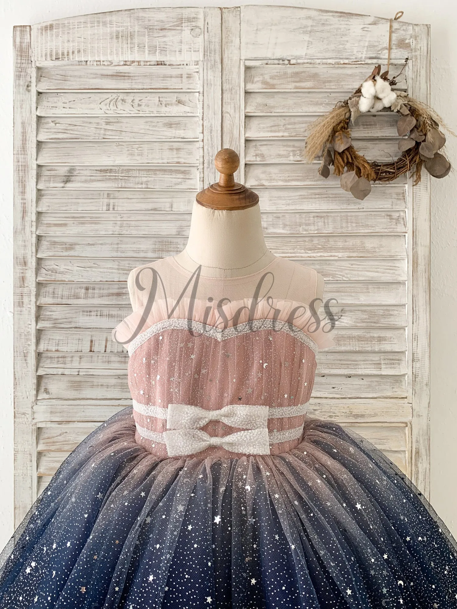 Ombre Pink / Navy Stars Tulle Wedding Flower Girl Dress Kids Party Dress
