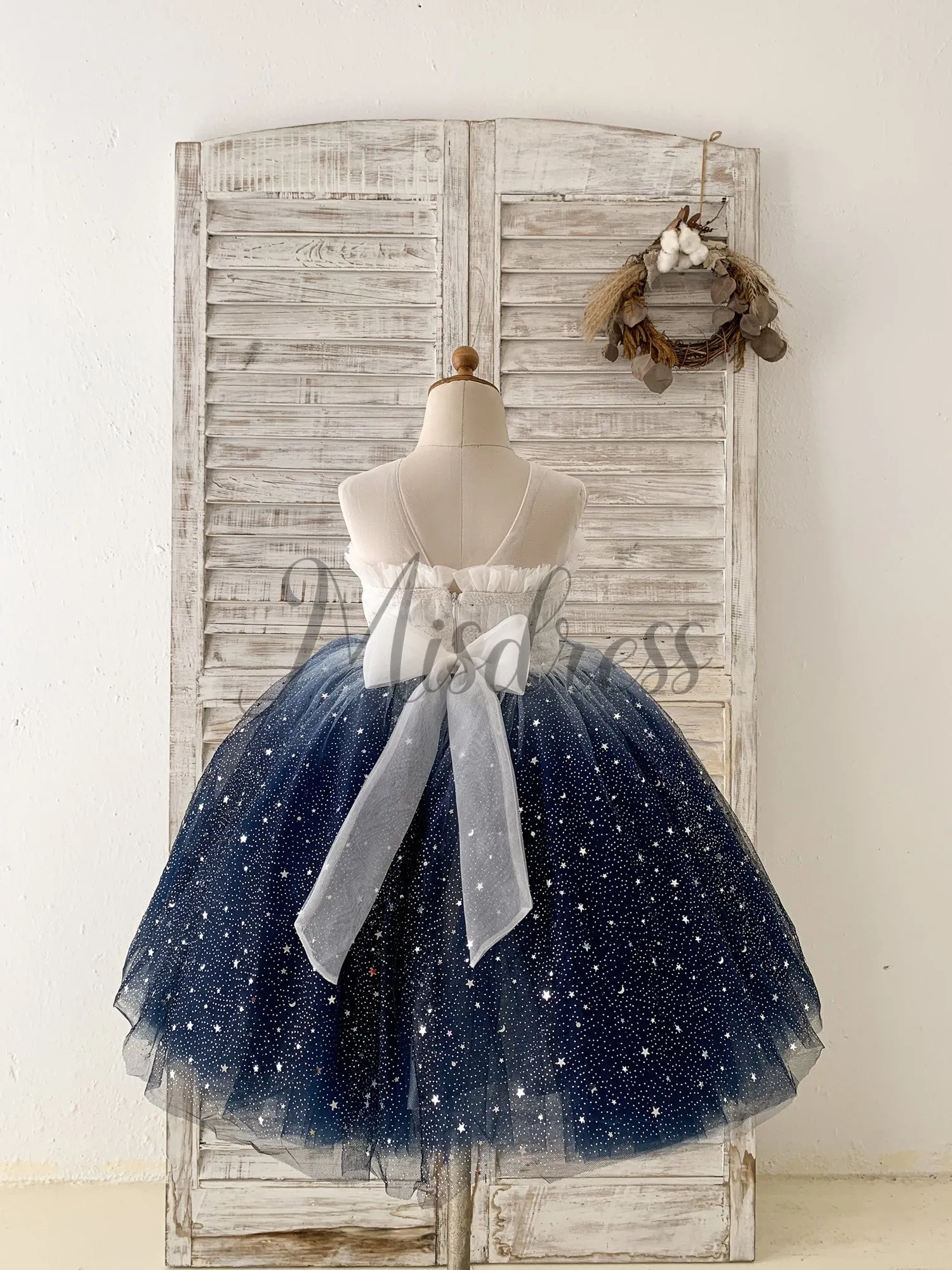 Ombre Pink / Navy Stars Tulle Wedding Flower Girl Dress Kids Party Dress
