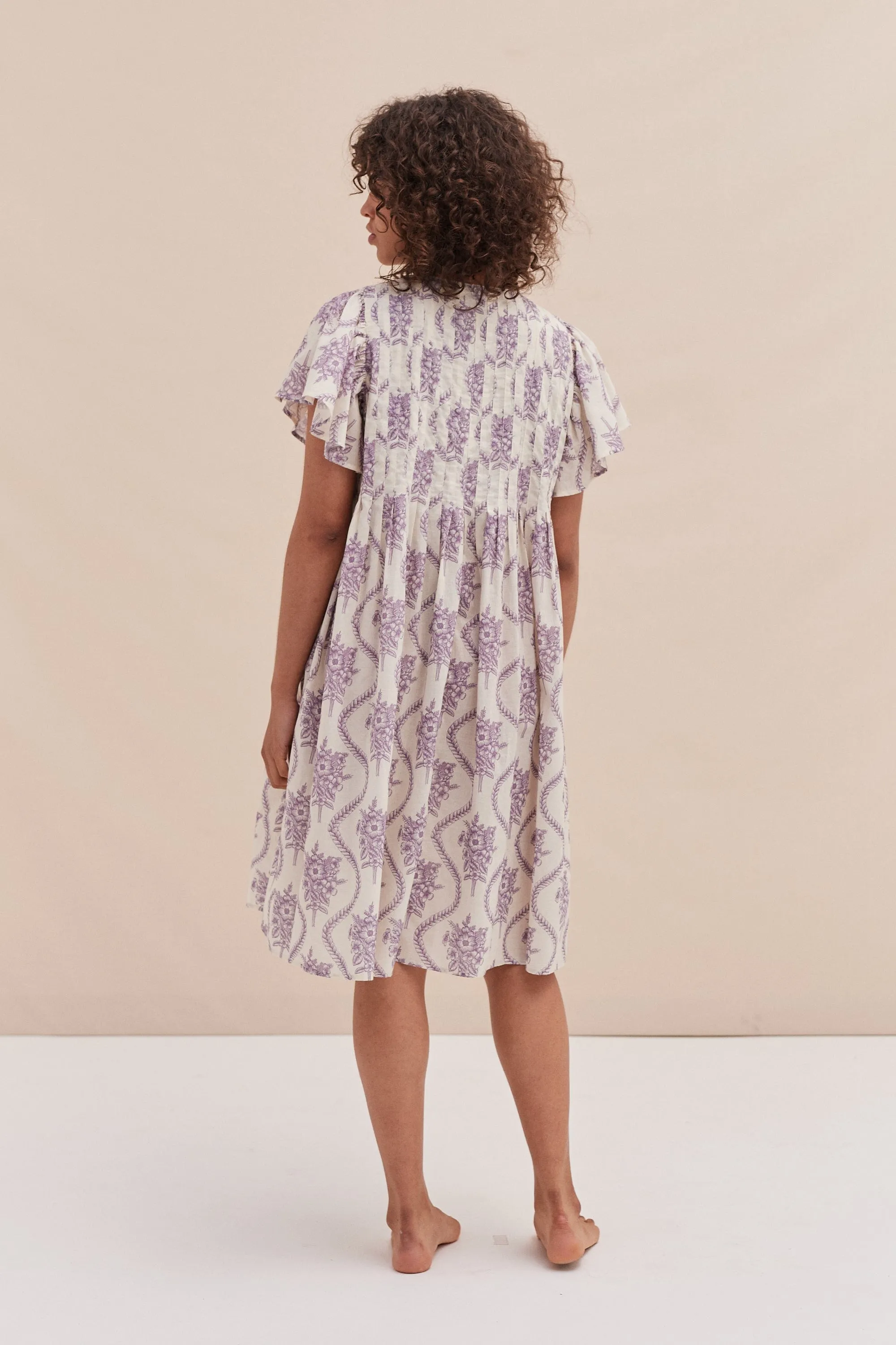 Pleated Nightie Alpen Flora Print Cream and Violet