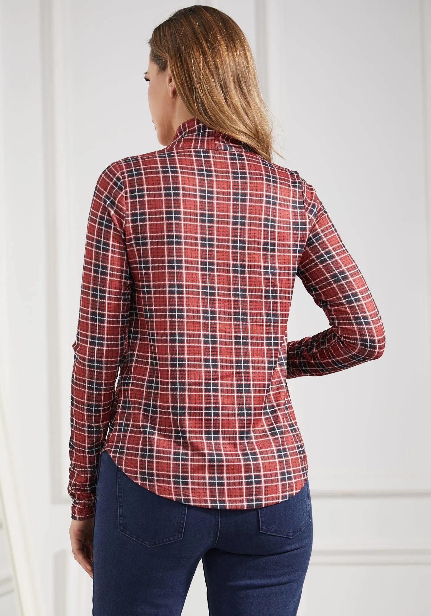 Pleated V-Neck Top (Red Plaid)