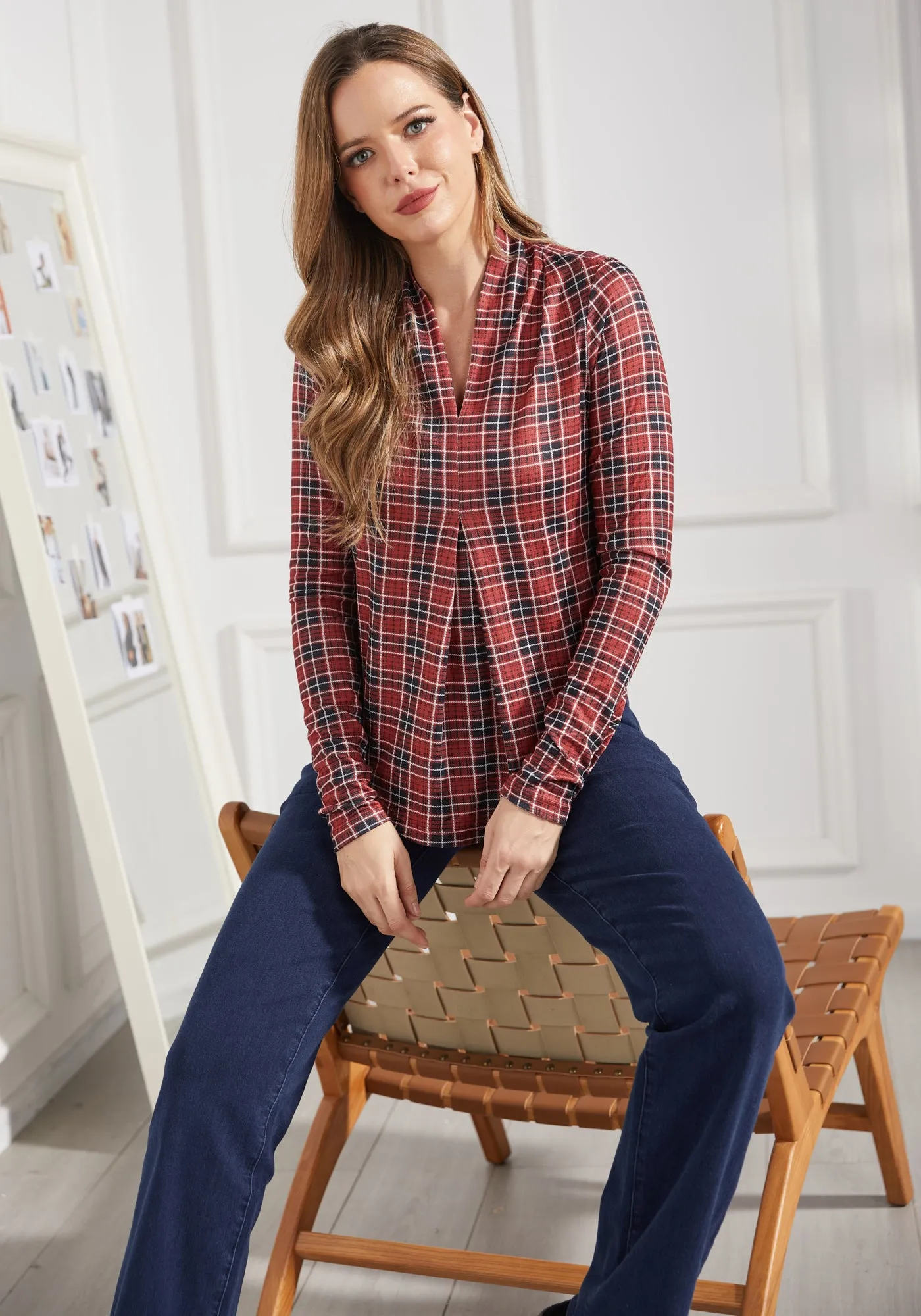 Pleated V-Neck Top (Red Plaid)