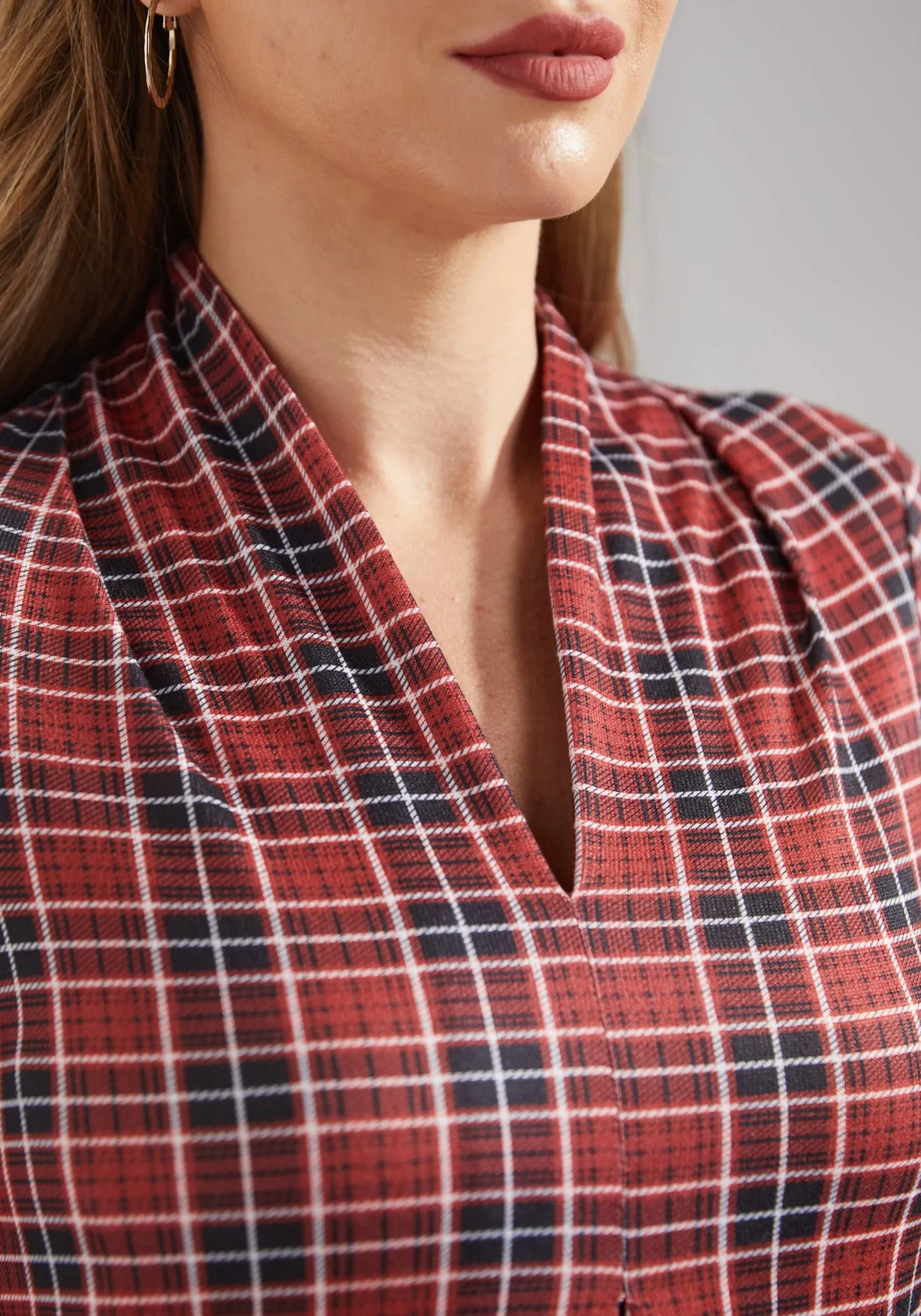 Pleated V-Neck Top (Red Plaid)