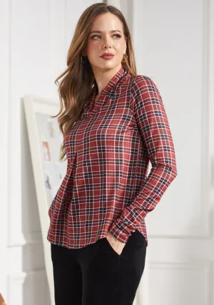 Pleated V-Neck Top (Red Plaid)