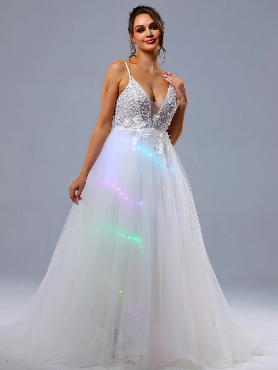 Plunging V Neck Wedding Dress A line Slip Applique Light Up