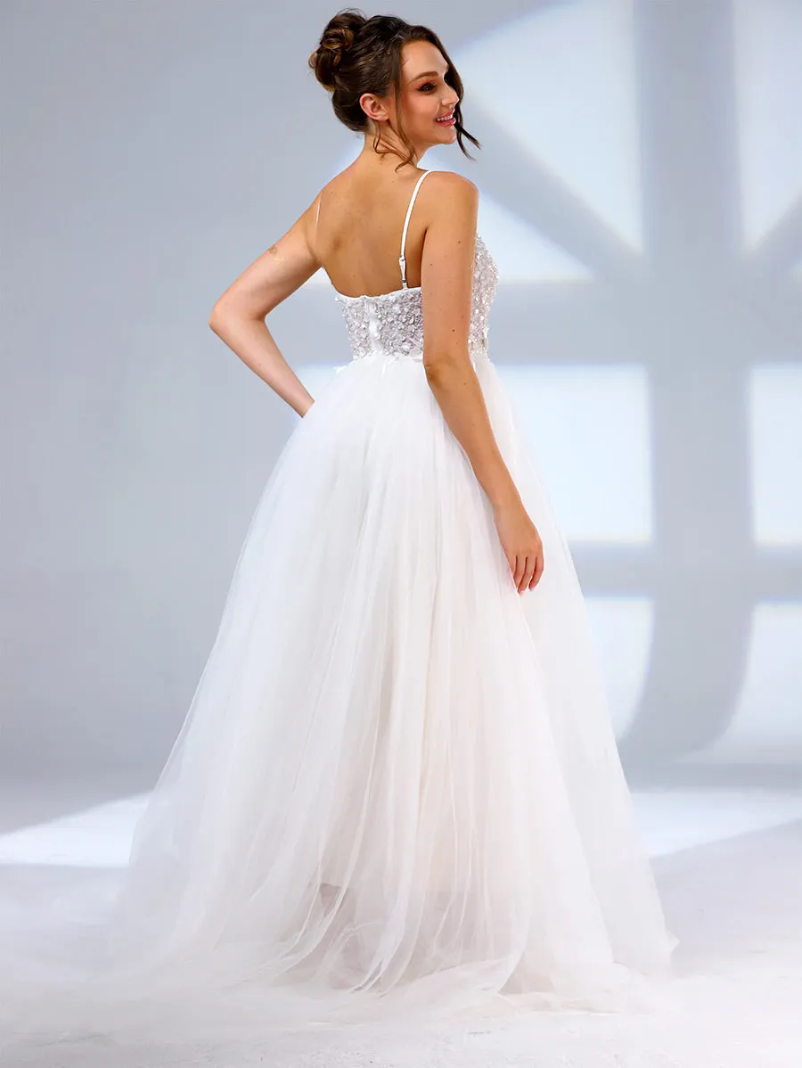 Plunging V Neck Wedding Dress A line Slip Applique Light Up