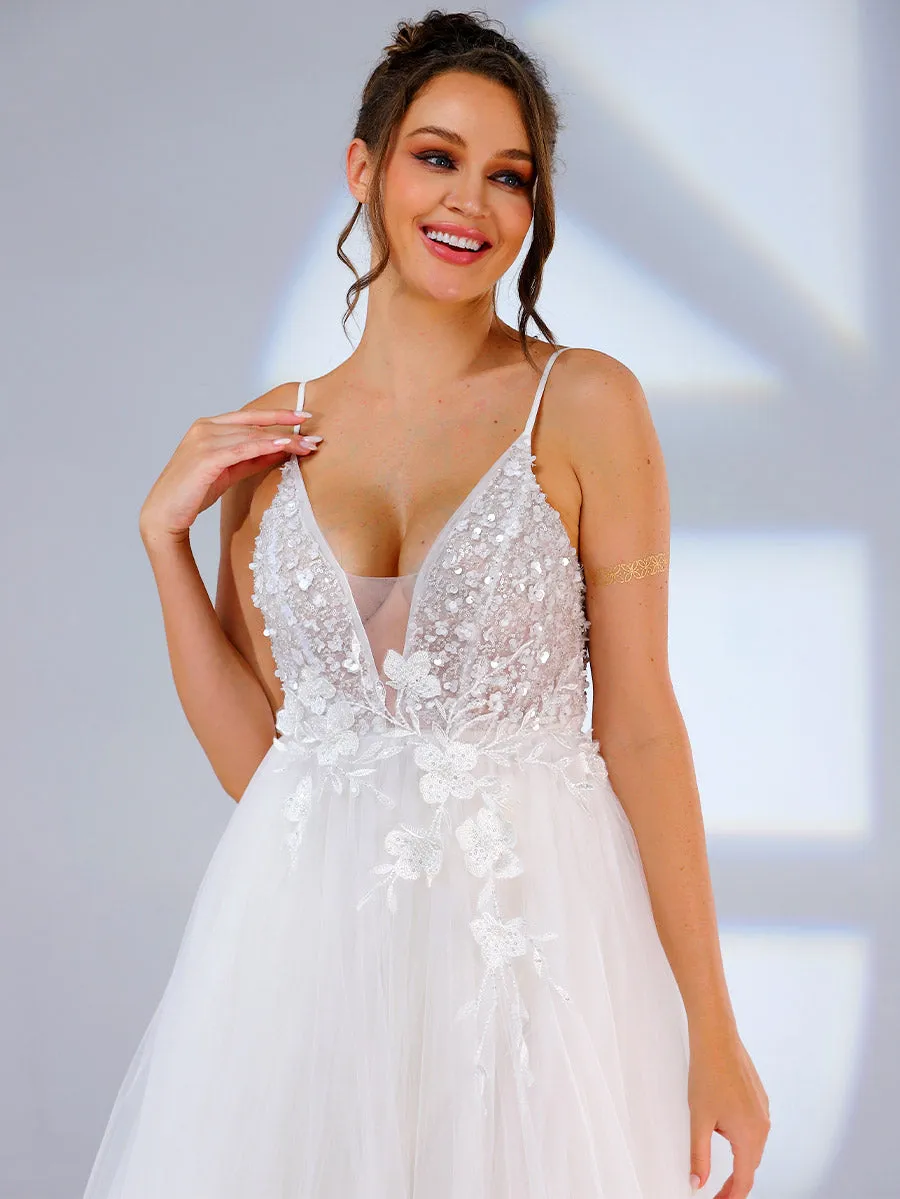 Plunging V Neck Wedding Dress A line Slip Applique Light Up