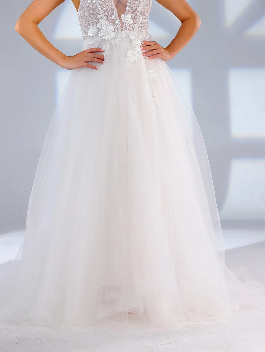 Plunging V Neck Wedding Dress A line Slip Applique Light Up