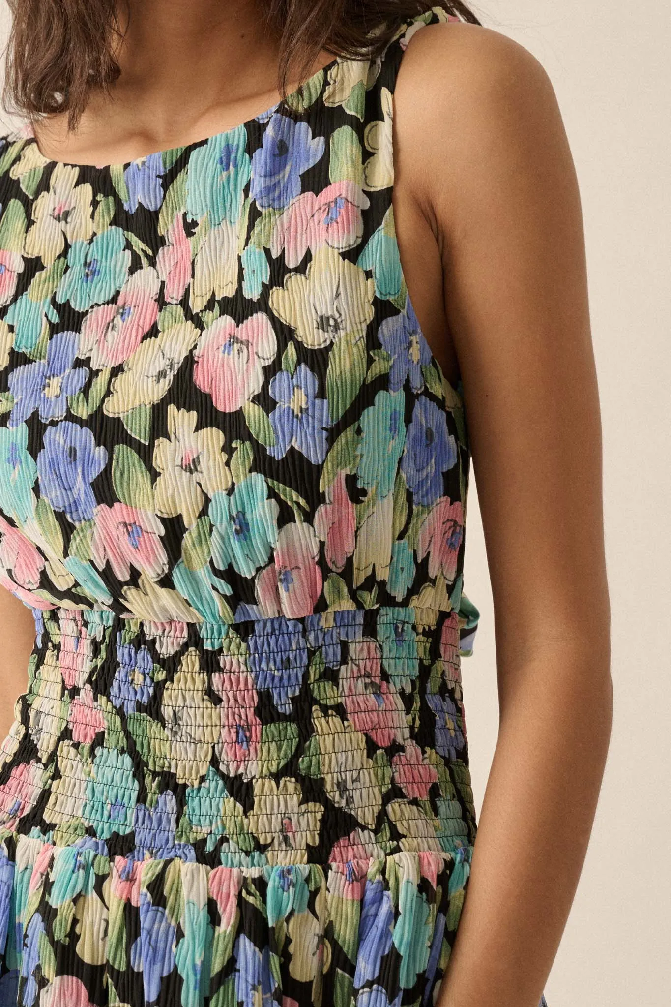 Rainbow Blooms Pleated Floral Mini Dress