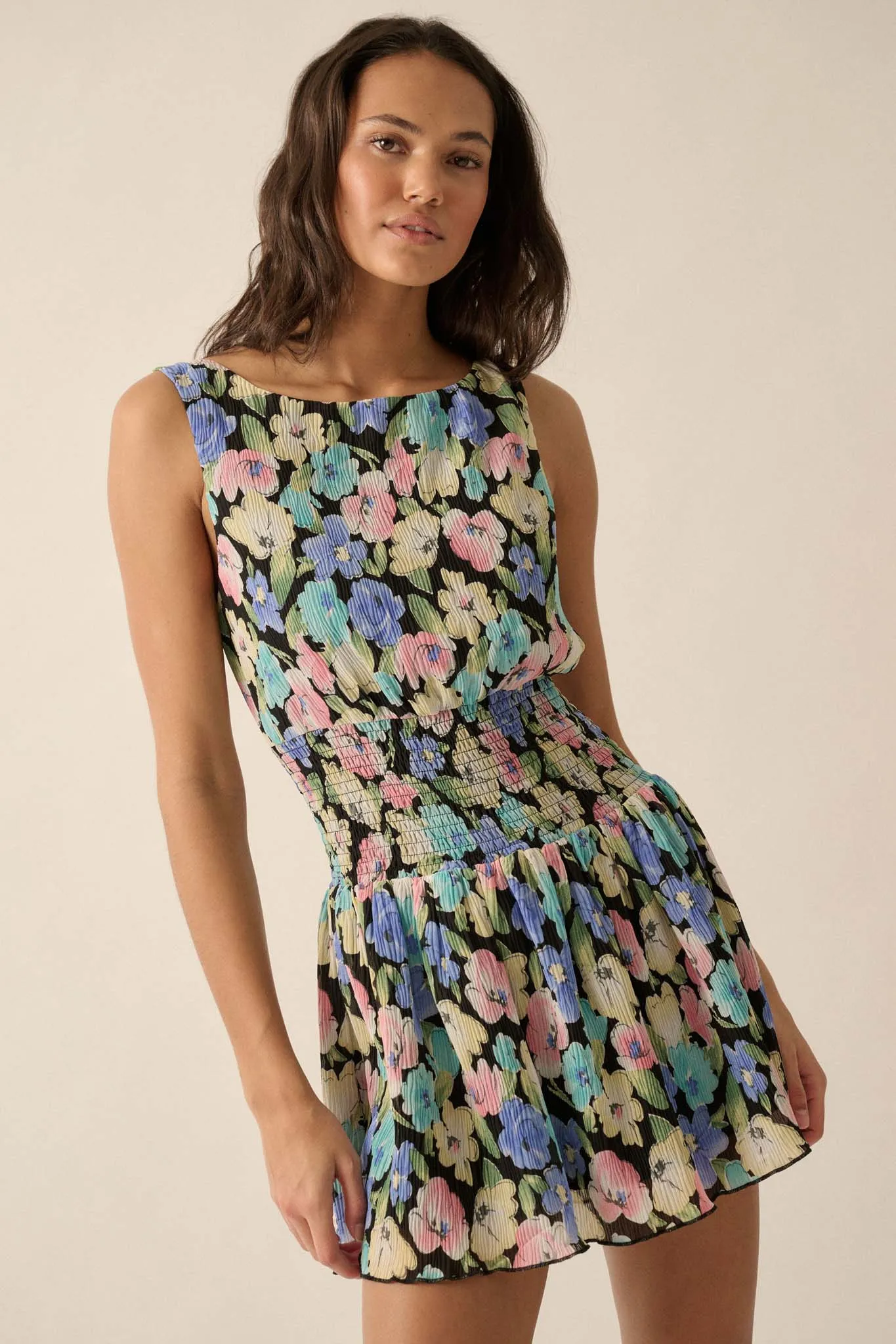 Rainbow Blooms Pleated Floral Mini Dress