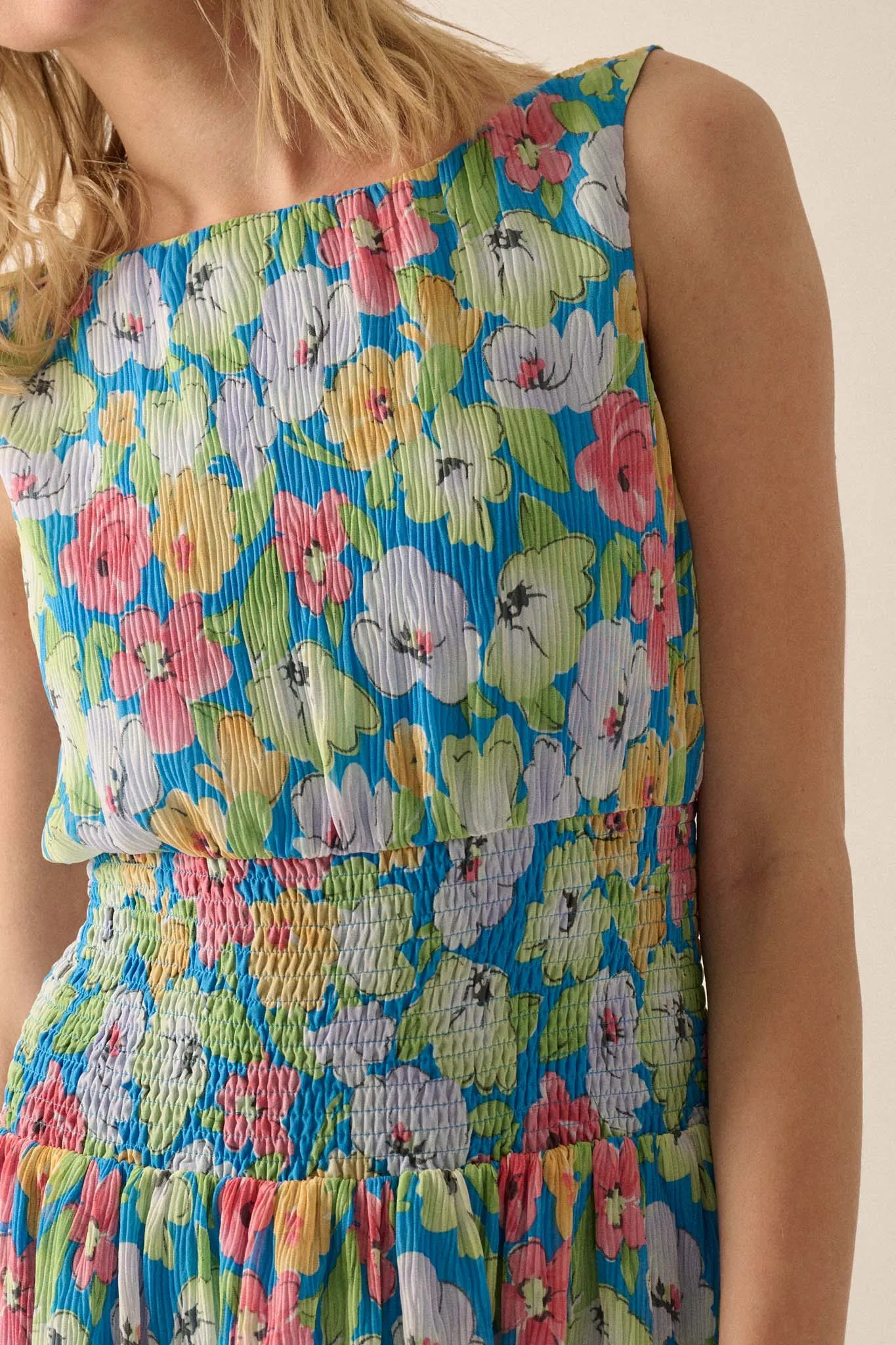 Rainbow Blooms Pleated Floral Mini Dress