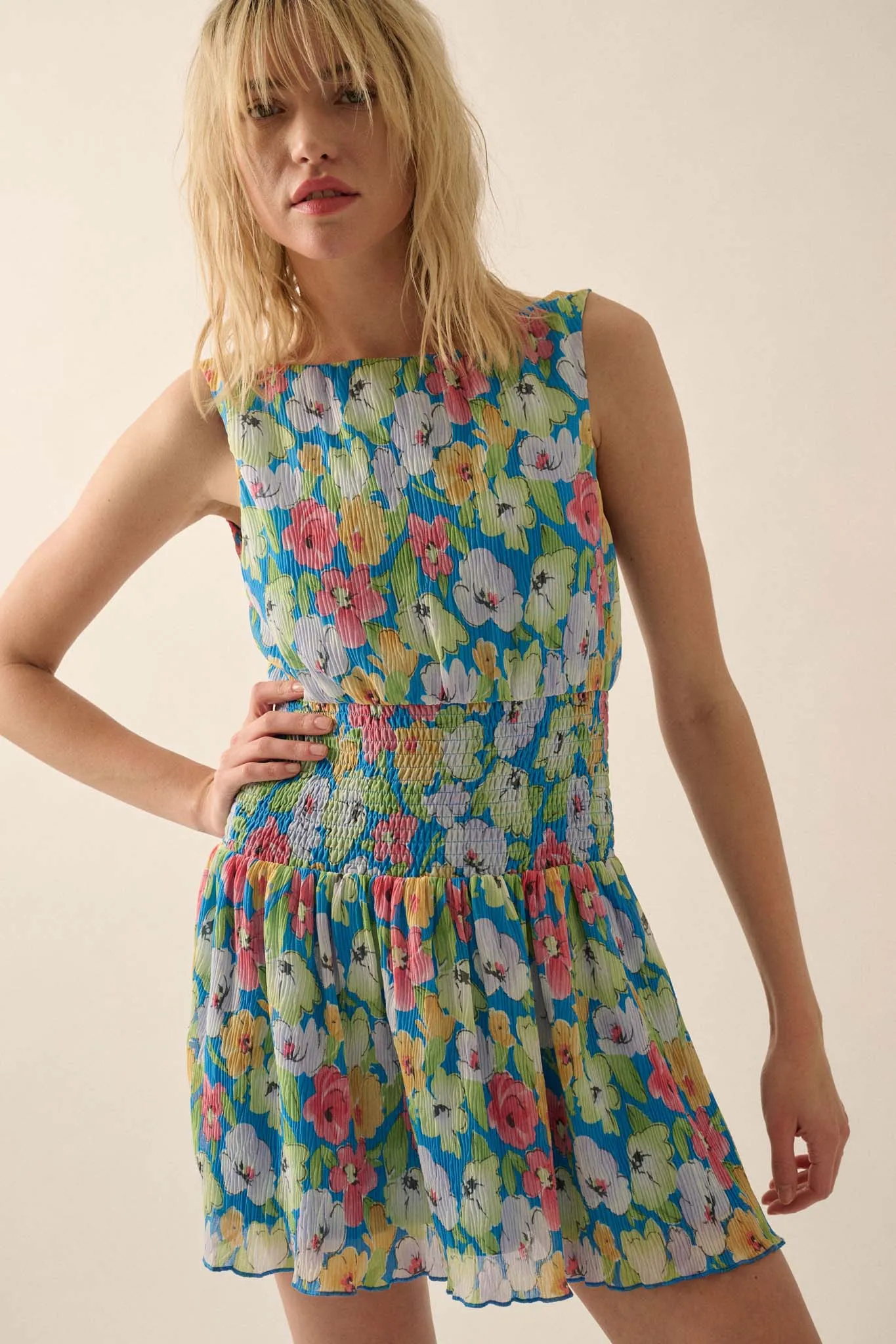 Rainbow Blooms Pleated Floral Mini Dress
