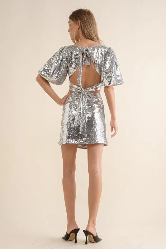 Silver Sequin Tie Back Top with Mini Skirt Set