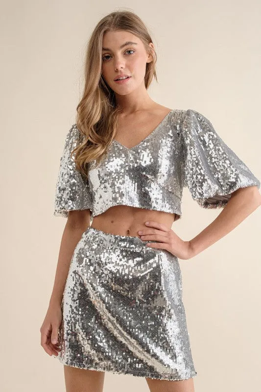 Silver Sequin Tie Back Top with Mini Skirt Set