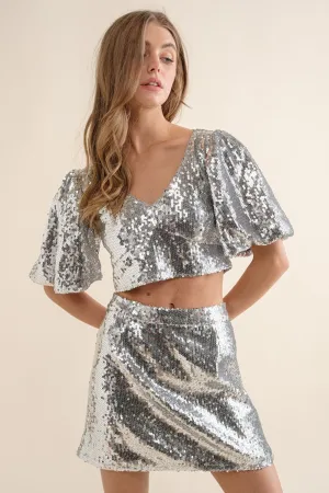 Silver Sequin Tie Back Top with Mini Skirt Set