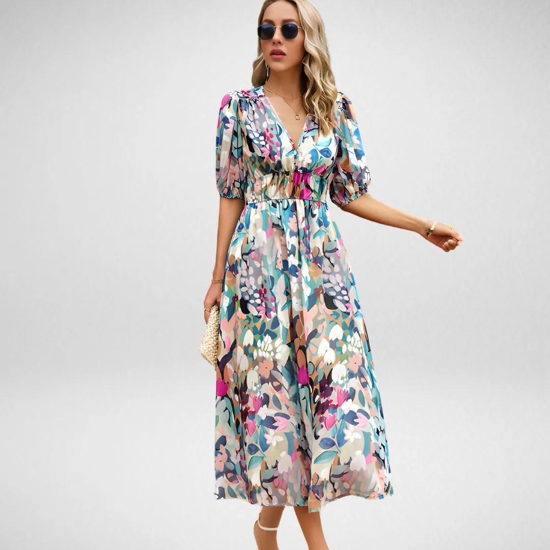 Vera | Floral V-Neck Puff Sleeve Midi Dress