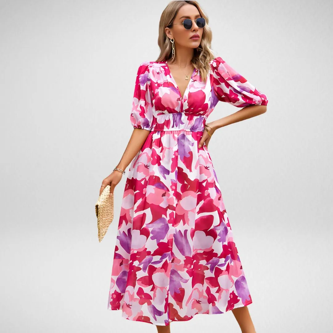 Vera | Floral V-Neck Puff Sleeve Midi Dress