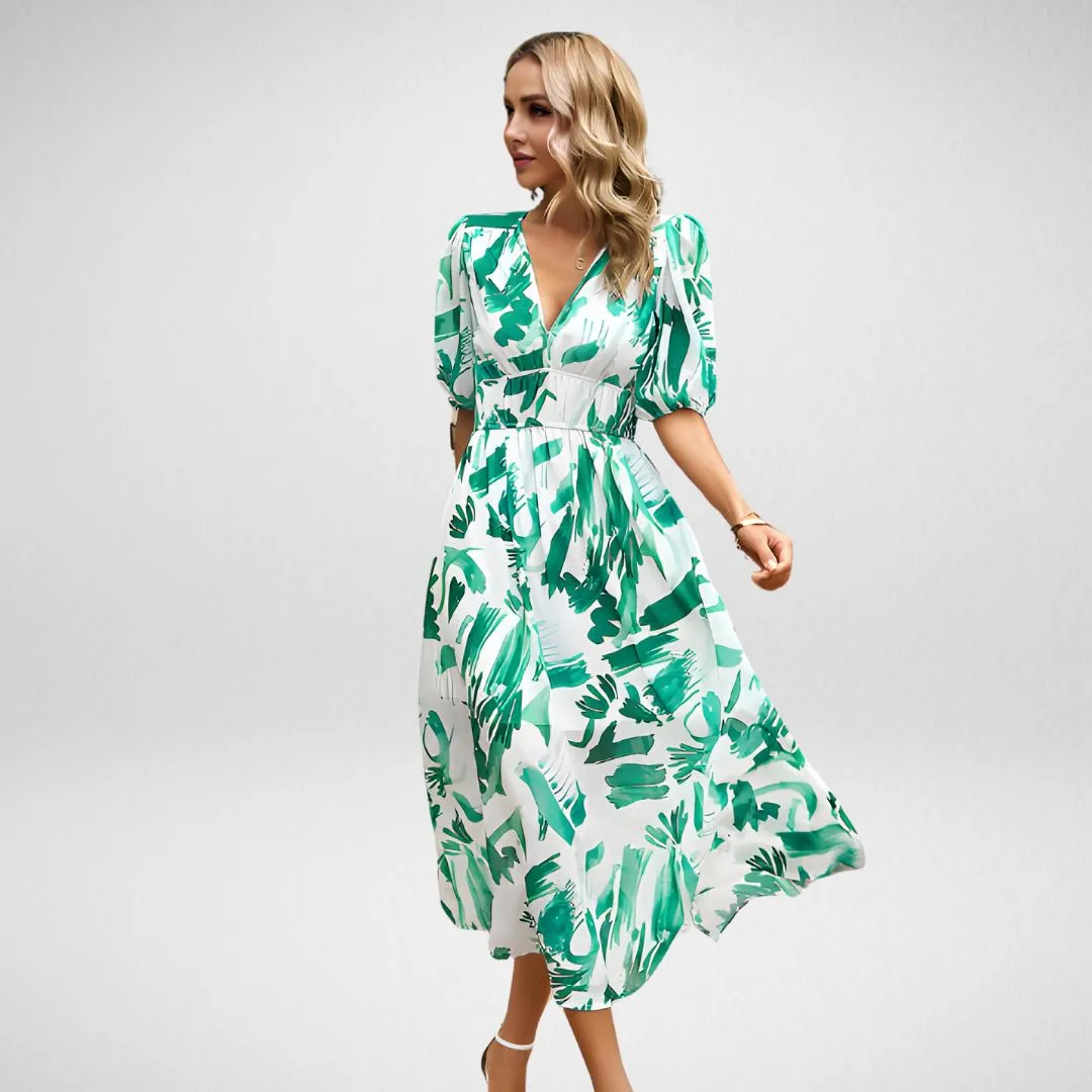 Vera | Floral V-Neck Puff Sleeve Midi Dress