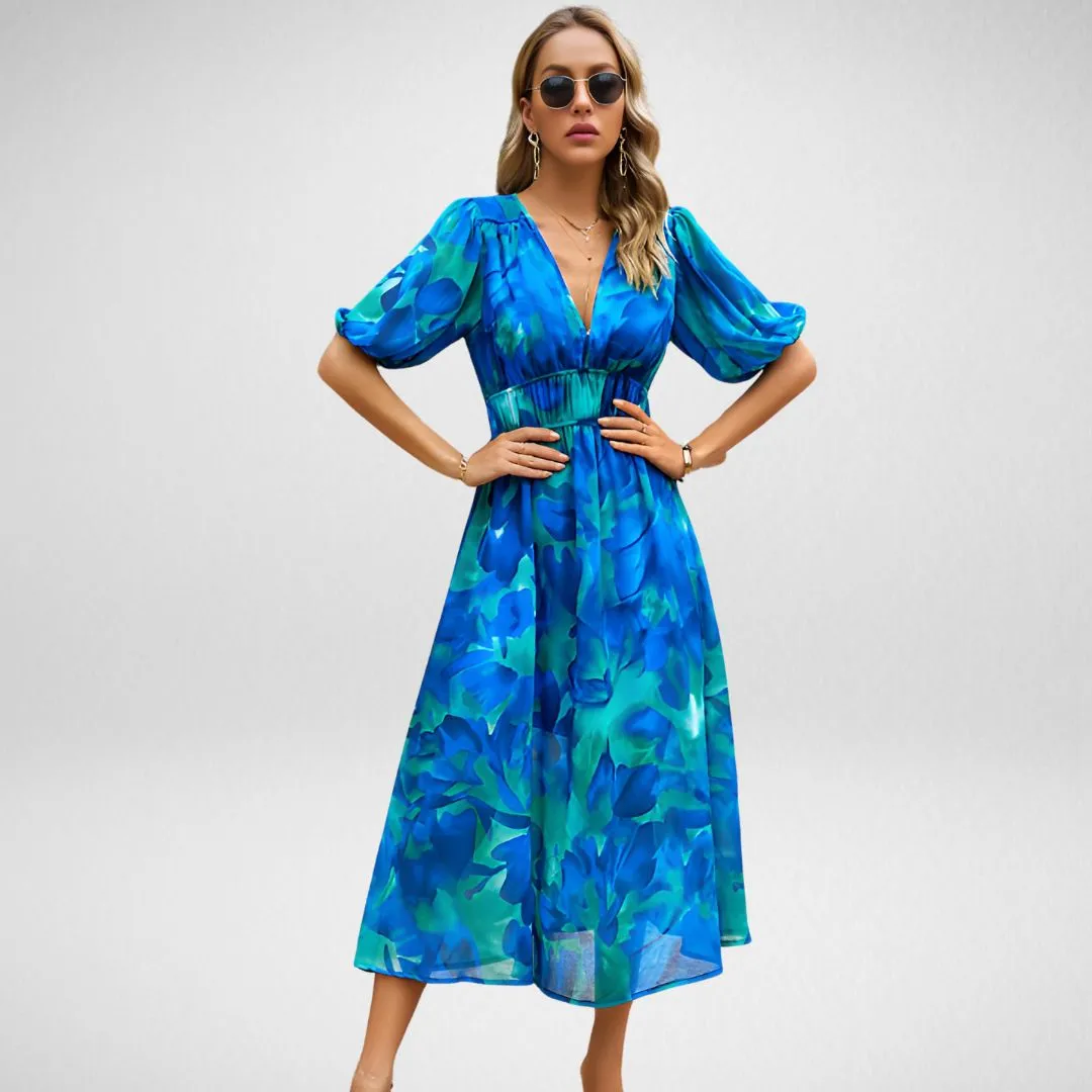Vera | Floral V-Neck Puff Sleeve Midi Dress