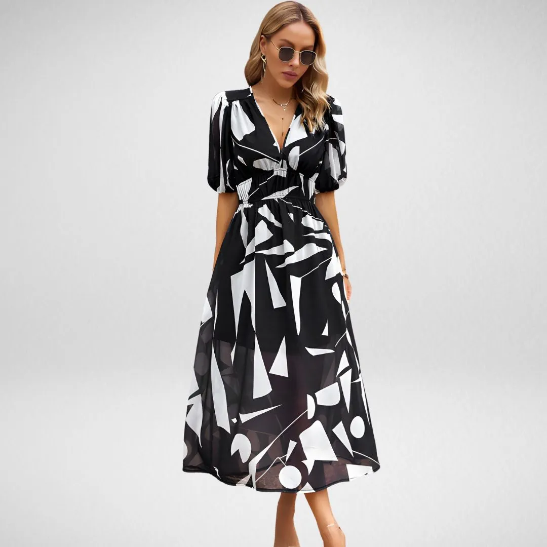 Vera | Floral V-Neck Puff Sleeve Midi Dress