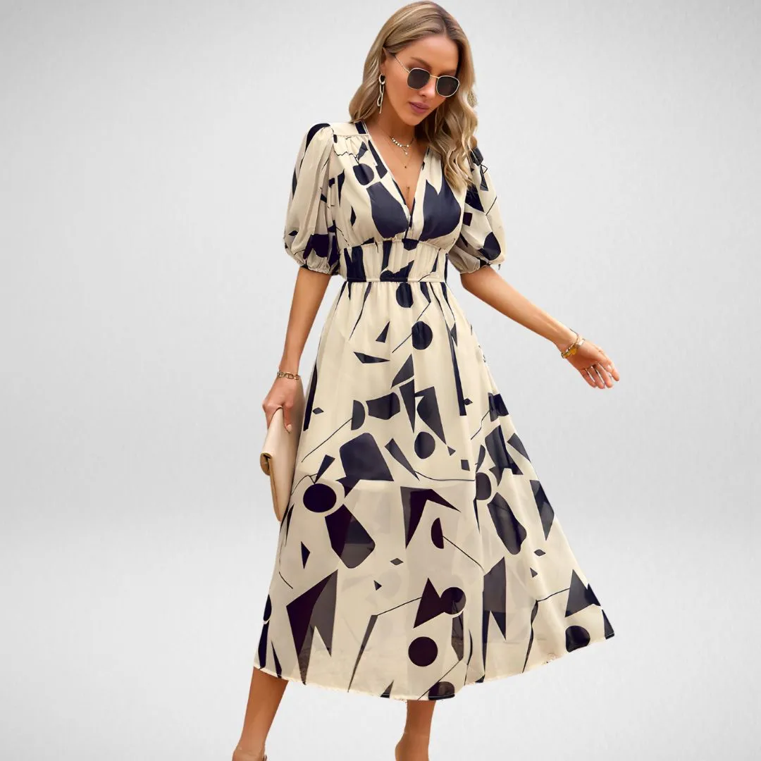 Vera | Floral V-Neck Puff Sleeve Midi Dress